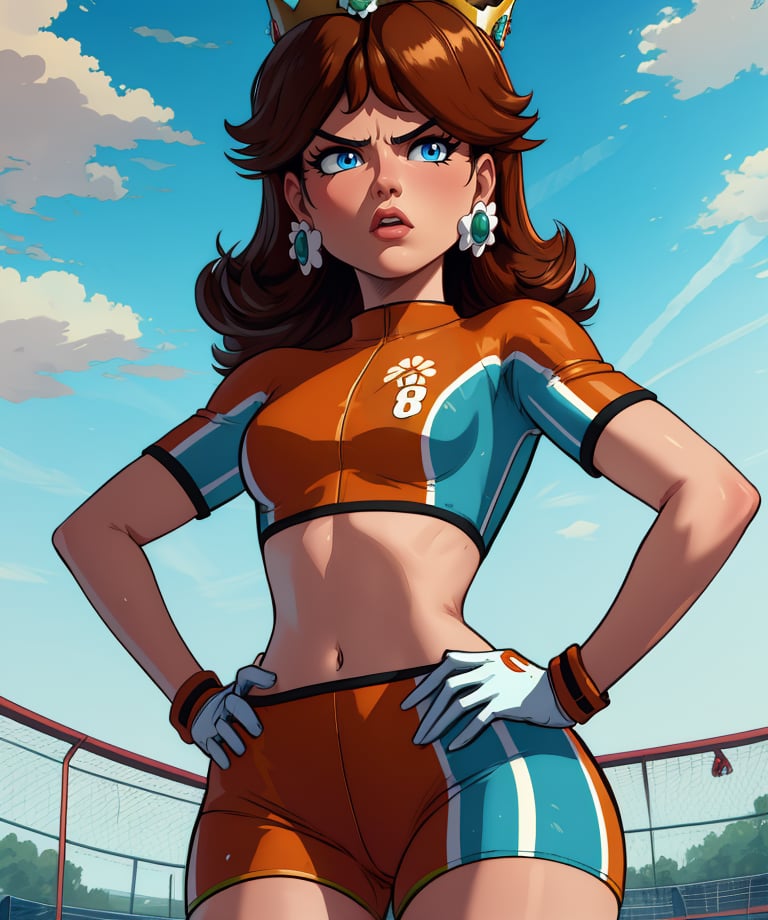 Daisy,brown hair,blue eyes,flower earrings,small crown,tanned,hand on hip,number 8 soccer uniform,short sleeves,white gloves,orange teel shorts,midriff,standing,serious,soccer field,science fiction,outdoors,(insanely detailed, masterpiece, best quality),<lora:Daisy-11SMSv9:0.9>,