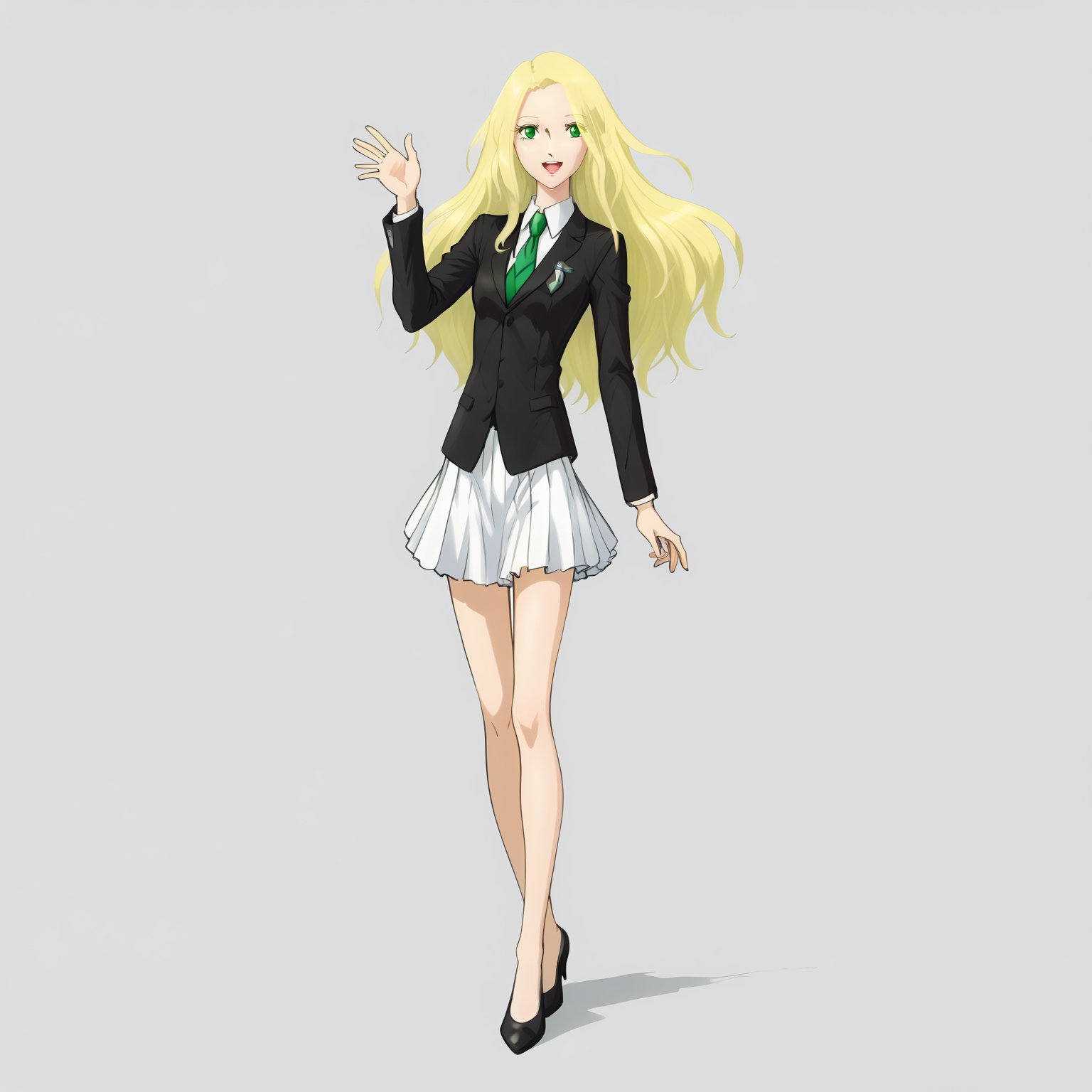 <lora:FatimaPasitheaXLpony002>,smile,open mouth,solo,FatimaPasithea,1girl,blonde hair,long hair,green eyes,full body,standing,business_suit,skirt,