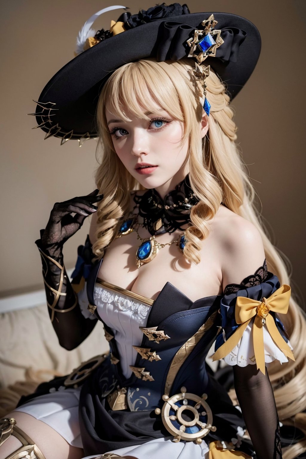 real life, 1girl, GINavia, breasts, bangs, blonde hair, long hair, drill hair, sidelocks, long dress, cleavage, strapless, detached sleeves, black gloves, witch hat, gem, jewelry, hair bow, cowboy shot, looking at viewer, black, upper body, thighhighs, single glove, black gloves, looking above, simple background,  