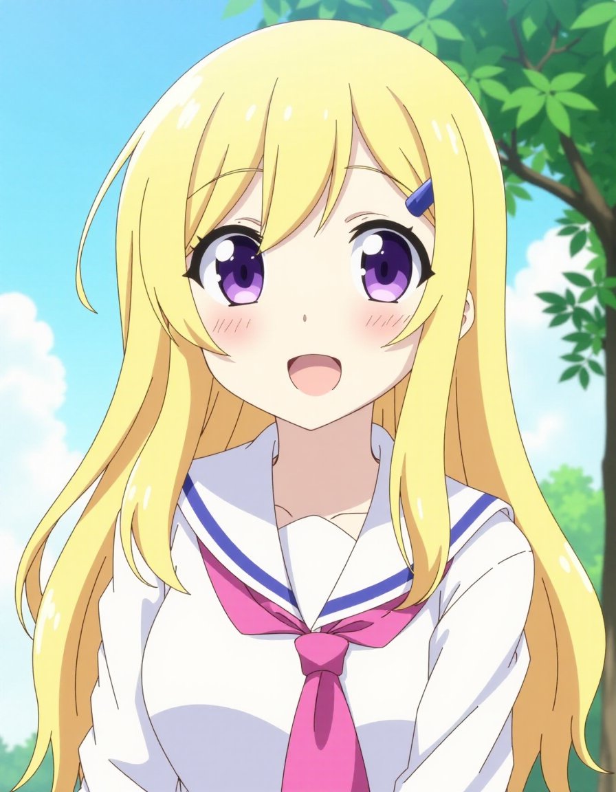 <lora:animestyle_r1:1>finetuneanime,1girl, solo, blonde hair, school uniform, long hair, purple eyes, smile, looking at viewer, outdoors, white shirt, serafuku, open mouth, shirt, hair between eyes, bangs, day, tree