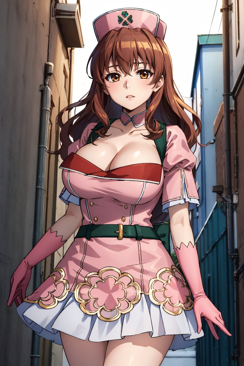 masterpiece, best quality, 1girl, <lora:mugenkurumi-nvwls-v1-000009:0.9> mugenkurumi, nurse cap, pink dress, short sleeves, cleavage, belt, pink skirt, pink gloves, large breasts, cowboy shot, city, blue sky, alleyway, looking at viewer