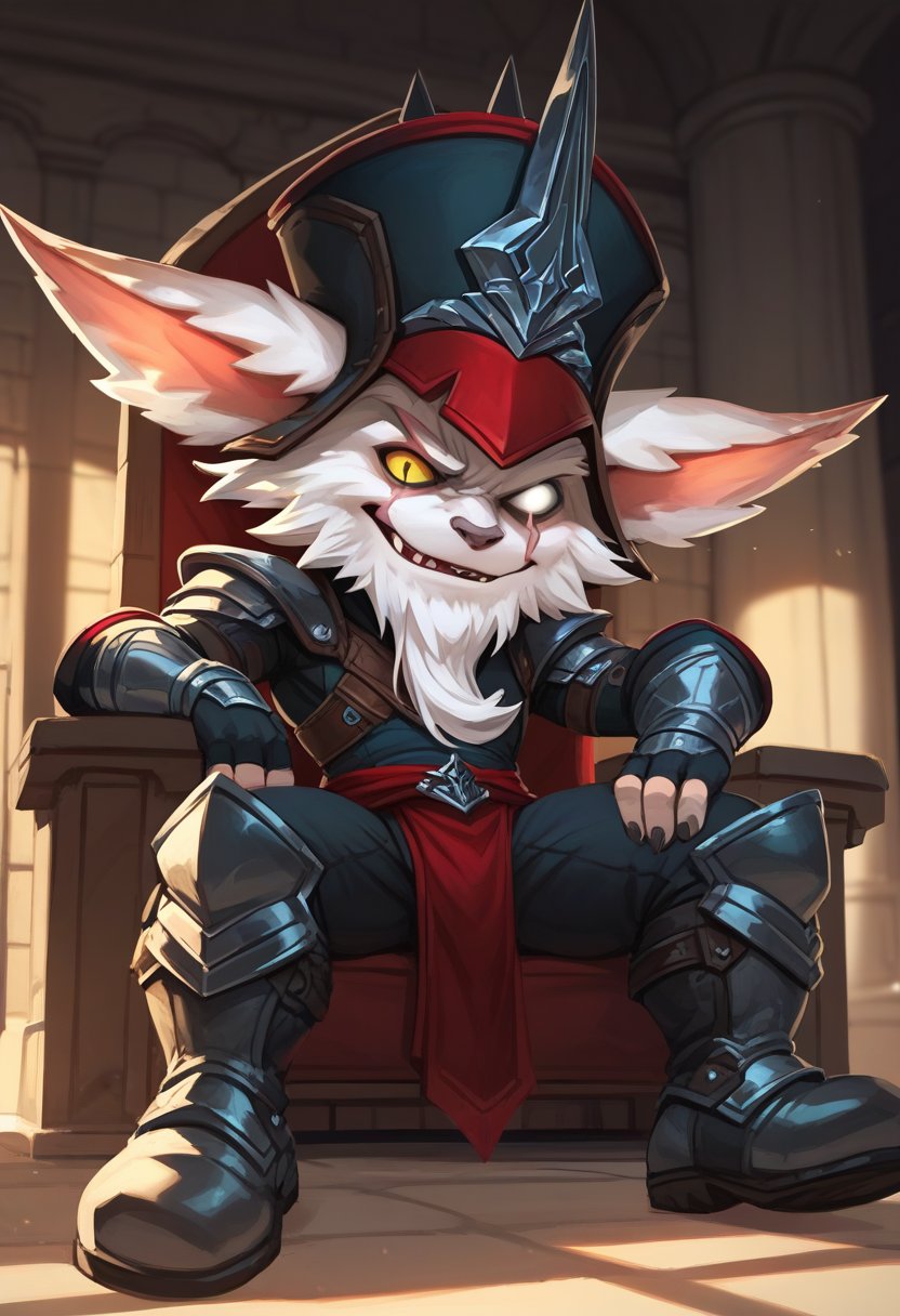 score_9, score_8_up, score_7_up, score_6_up, kl3d, 1boy, yordle, male focus, yellow eyes, white eye,scar across eye, one-eyed, facial hair, beard,  hat, black headwear, ears through headwear, armor, gloves, fingerless gloves, pants, boots , <lora:Kled_Default_v1:0.7>, castle, indoors, sitting