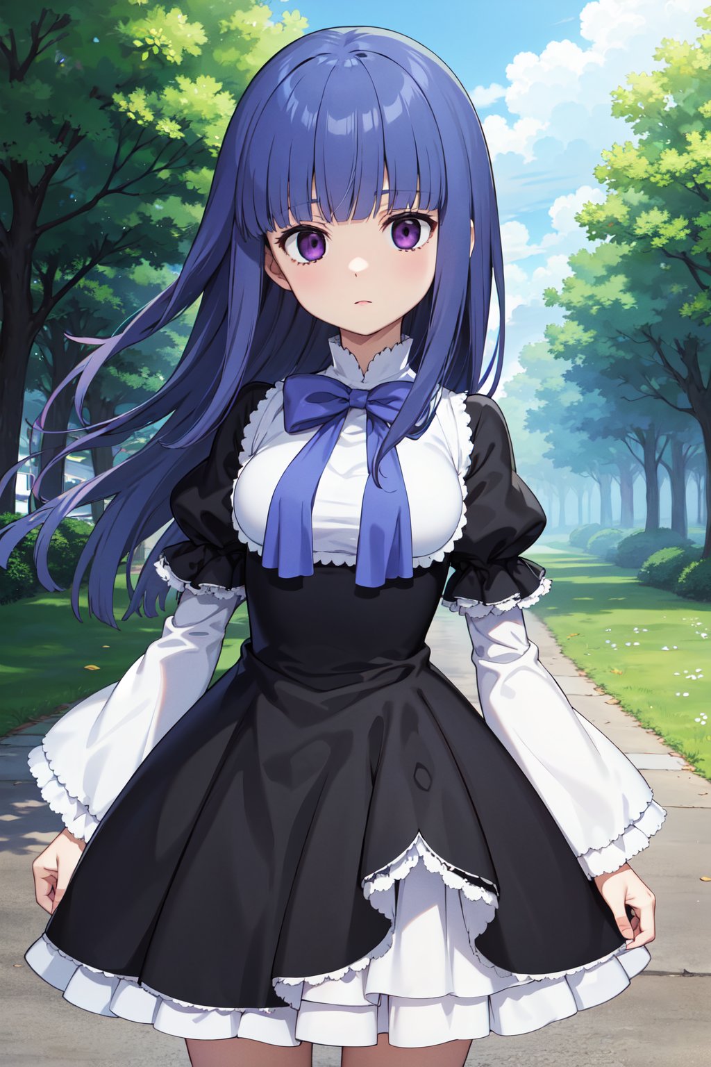 masterpiece, best quality, highres, aabern, long hair, blue hair, blunt bangs, purple eyes, bowtie, frills, black dress, puffy sleeves, short over long sleeves, long sleeves, <lora:frederica_bernkastel_v1:0.7>, standing, cowboy shot, outdoors