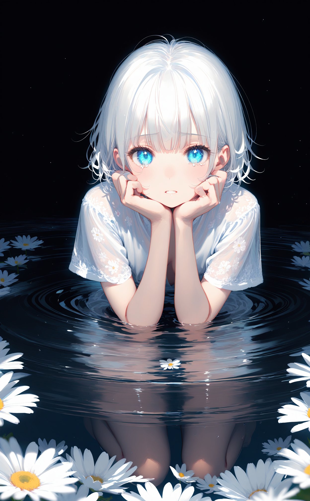 (masterpiece),(best quality),illustration,ultra detailed,hdr,Depth of field,(colorful),(chromatic aberration),(beautiful young female:1.4),(streaming tears),sad,(daisy),(daisy),(daisy),looking at viewer,partially submerged,both hands on own cheek,{see-through long shirt},{no bra},(white hair, short hair, bangs:1.2),(glowing eyes),ripples,dark water,black background,(prismatic),