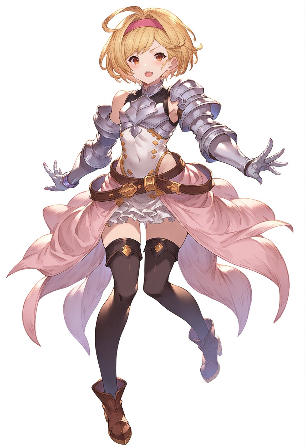 score_9, score_8_up, score_7_up, score_6_up, masterpeice, BREAKsource anime, granblue_fantasy_style_xl, granblue, 1girl, blonde hair, djeeta (granblue fantasy), solo, thighhighs, hairband, silver armor, short hair, boots, gauntlets, brown eyes, sheath, full body, black thighhighs, gloves, skirt, shoulder armor, sheathed, belt, pink hairband, breastplate, zettai ryouiki<lora:granblue_fantasy_style_pony:1> 