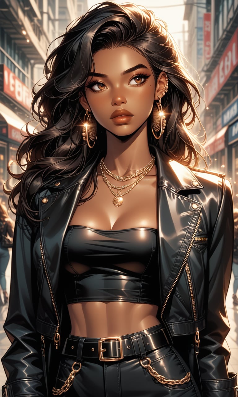 (score_9, score_8_up), score_7_up, 1girl, solo, long hair, breasts, black hair, cleavage, brown eyes, jewelry, medium breasts, collarbone, jacket, earrings, midriff, belt, pants, dark skin, necklace, bag, dark-skinned female, lips, black jacket, crop top, looking to the side, chain, thick eyebrows, black belt, hoop earrings, handbag, jacket on shoulders, tube top, fashion<lora:MarvelFboi1.3:0.8>