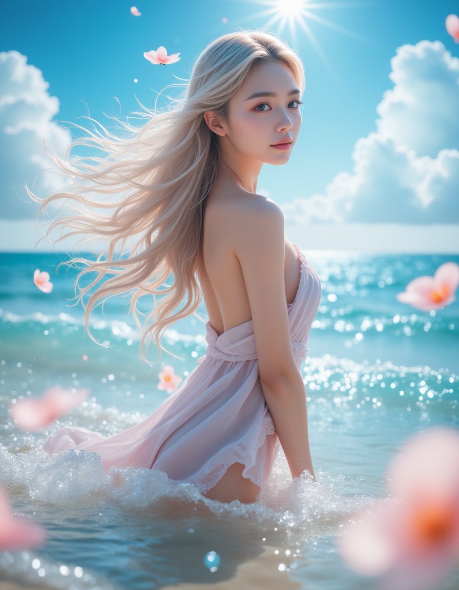 masterpieces, best quality, 1girl, upper body, sea beach, glow effect, detailed background, beautiful detailed water:1.05, beautiful detailed sky, beautiful detailed sea, detailed light, extremely delicate and beautiful girl, blue bubble, splash, wet body, fluttered detailed splashes, draped of fluttered fabric, fluttered detailed cloud, intricate detail, highres, young girl, floating hair, flowers, sunlight, charming smile, surrounded by floating petal, glossy, raytracing, depth of field, detailed waves, reflective, crystalized, lens flare, looking at viewer, medium breasts, blushing, slim, medium buttock, detailed realistic shadow, sheen, shiny eyes, (fisheye lens)