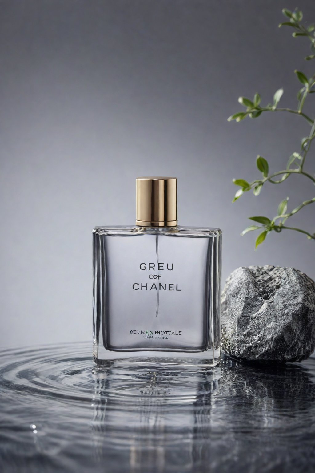 Perfume bottle,rock, water, reflect, no humans, depth of field, grey background, scenery, still life (Product Photography)  <lora:Product Photography:0.85>