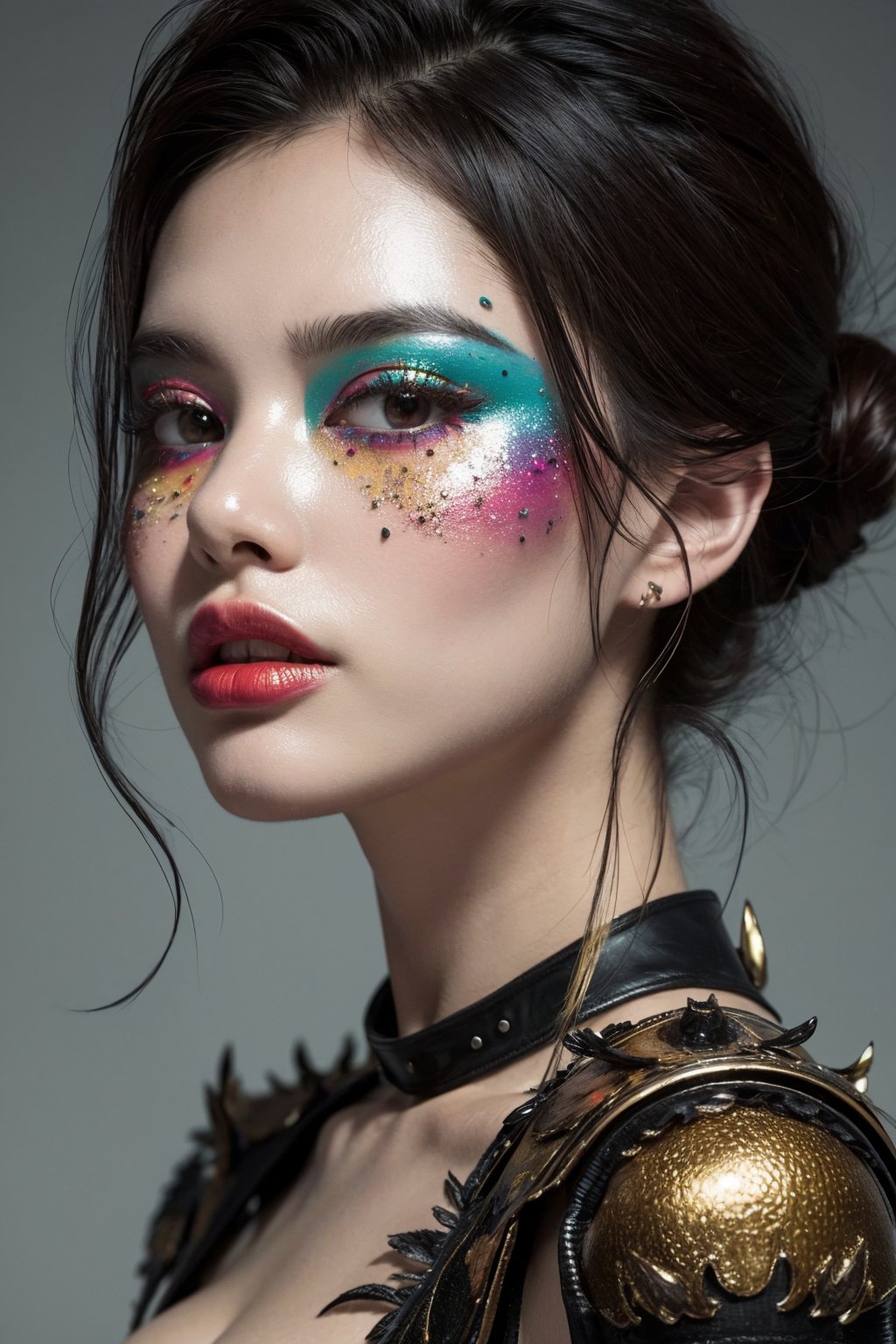 masterpiece,best quality,ultra high res,1girl,colorful tashan makeup,upper body,<lora:20240401caizhuang-v1.2:0.7>,Deathwatch Beetle headdress,Dreamy haze,Texture,Overhead,