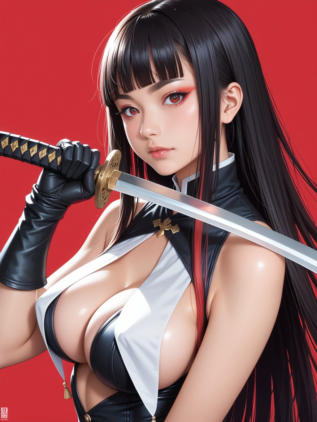 score_9, score_8_up, score_7_up, 1girl, breasts, weapon, solo, sword, dark red background, black hair, holding weapon, holding, unsheathing, large breasts, holding sword, gloves, looking at viewer, sheath, long hair, upper body, bare shoulders, black gloves, cleavage, short eyebrows, simple background, katana, blunt bangs, red eyes, closed mouth, makeup, eyeshadow, dark red hair, thick eyebrows, dark red eyeshadow, multicolored hair, breast curtains, gauntlets, red ribbon