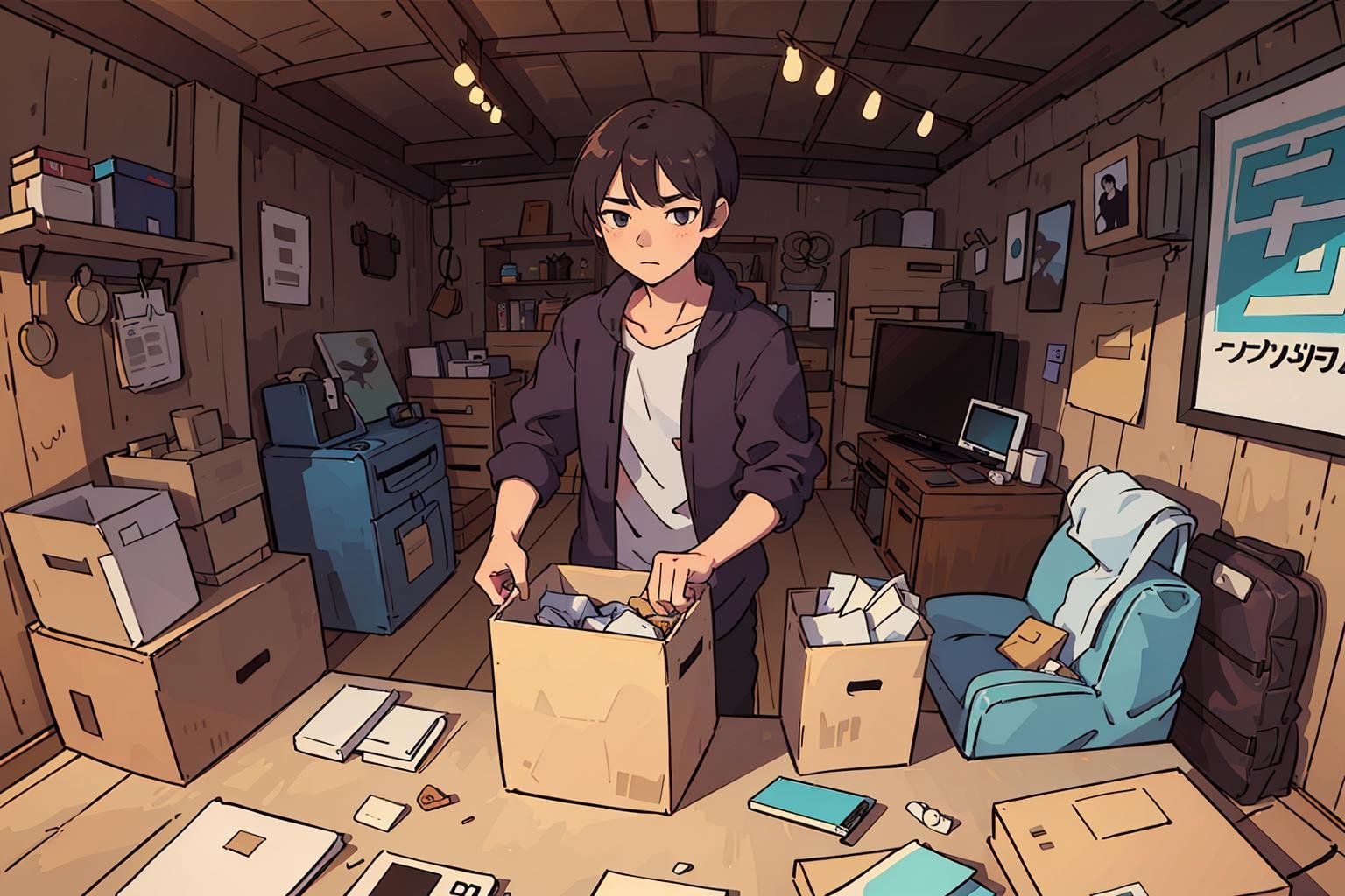 (best quality:0.8) perfect anime illustration, a man opening a box filled with junk in his basement