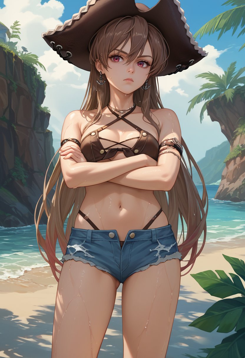 score_9, score_8_up, score_7_up, source_anime, solo, 1girl, jeanbartbikini, wet, expressionless, looking at viewer, standing, crossed arms, brown hair, brown headwear, pirate hat, cross-laced clothes, brown bikini, highleg bikini, halterneck, criss-cross halter, front-tie bikini top, arm strap, denim shorts, microshorts, cutoffs, anchor earrings, bare shoulders, outdoors, beach <lora:azurlane_jeanbart_ponyXL:1>