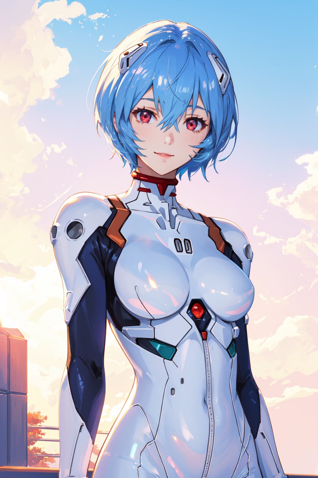 <lora:Rei-000011:0.6>,Rei CYQL,1girl,looking at viewer,solo,blue hair,red eyes,hair between eyes,medium breasts,(Rei 00,short hair,hair between eyes,white bodysuit,plugsuit,interface headset,bodysuit,two-tone sleeves),crazy_smile,upper_body,Swiss café,Pastries,Afternoon sun,Coffee,Delight,beautiful detailed sky,beautiful detailed glow,posing in front of a colorful and dynamic background,masterpiece,best quality,beautiful and aesthetic,contrapposto,female focus,wallpaper,