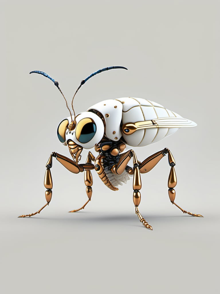 jixie,This is a mechanized fly with a cyberpunk style. Its design combines organic and mechanical elements. The fly's body is segmented, similar to the abdomen of an insect, with a smooth white surface and black stripes and golden spots for embellishment, suggesting a metallic texture. The head is relatively large in proportion to the body, with prominent blue eyes and black pupils, giving it an appearance of perception. Two antennae rise from the top of the head, enhancing its insect-like beauty. The legs are slender and articulated. The copper-colored joints match the golden embellishments on the body, and at the ends are articulated feet. The overall impression is a futuristic machine creature designed to imitate the form and movement of a fly. Shot from a side angle, light background<lora:仿生机械V1:0.7>,