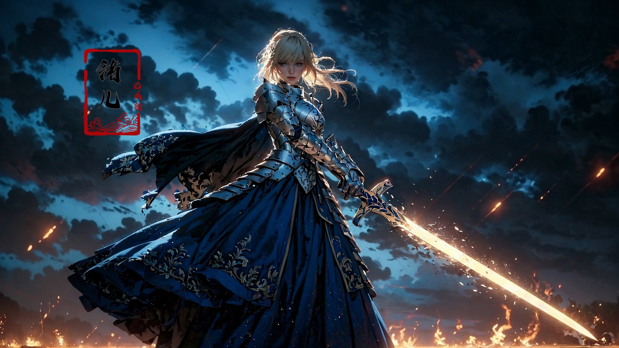 Epic CG masterpiece, hdr,dtm, full ha,8K, ultra detailed graphic tension, dynamic poses, stunning colors, 3D rendering, surrealism, cinematic lighting effects, realism, 00 renderer, super realistic, full - body photos, super vista, super wide Angle, HD，Saber，1girl, In hand sword，blue dress，Blue bow，gorgeous armor，platinum blonde hair，A shot with tension，(sky glows red,Visual impact,giving the poster a dynamic and visually striking appearance:1.2),<lora:绪儿-Saber:0.8>