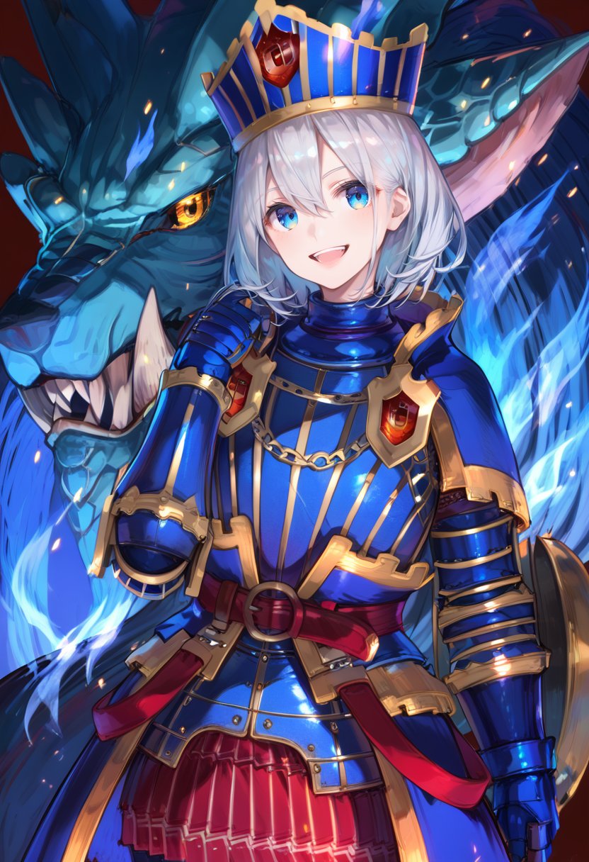 (score_9:0.9),score_8_up,score_7_up,rating_safe,anime style,(zPDXL),<lora:Lunastra armor ponyXL v2.5:0.92>,Lunastra armor,blue gauntlets,blue crown,blue eyes,open mouth,blue dragon,looking at viewer,smile,fire,teeth,solo,blue hair,yellow eyes,hair between eyes,short hair,grey hair,((blue fire)),