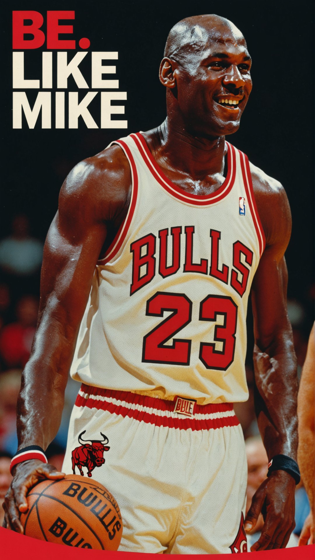 Photo of Michael Jordan wearing Bulls jersey with basketball text bubble that says "Be like Mike"