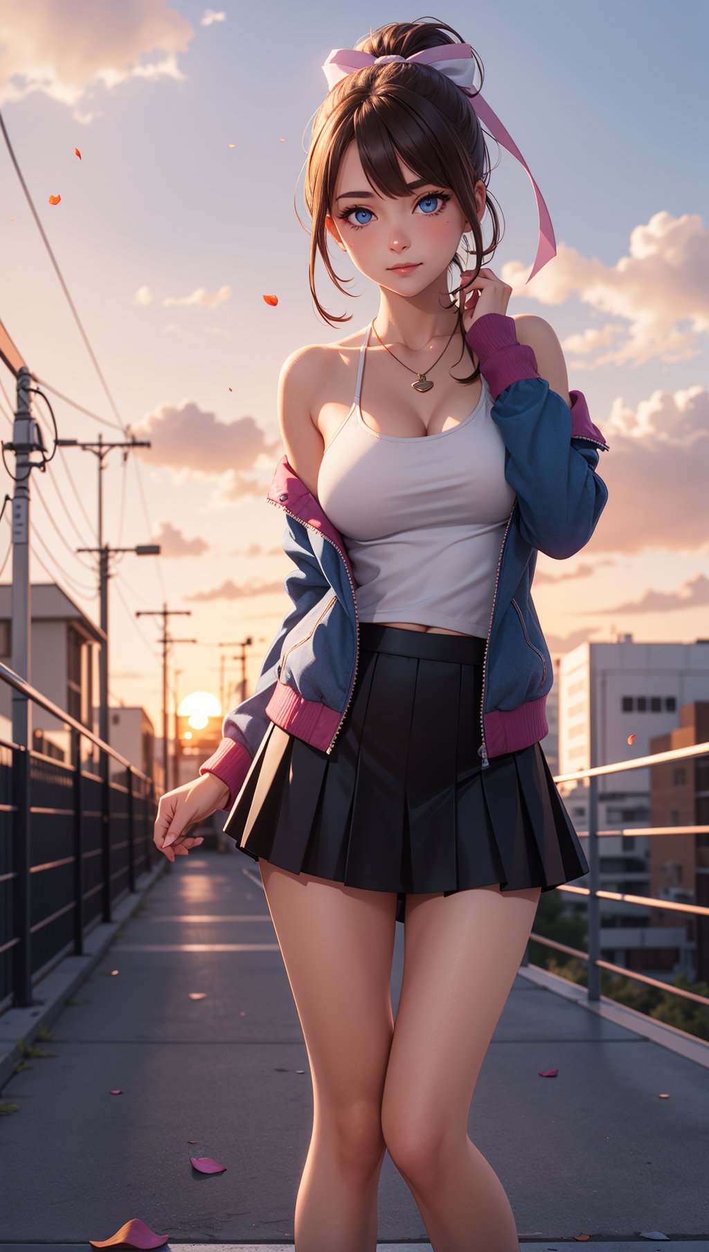 3d,3d background,1girl,bare shoulders,blue eyes,breasts,brown hair,hair ribbon,looking at viewer,necklace,ponytail,ribbon,shirt,multicolored jacket,skirt,shorts,pose,closed mouth,masterpiece,best quality,scenery,sunset,rose petals,