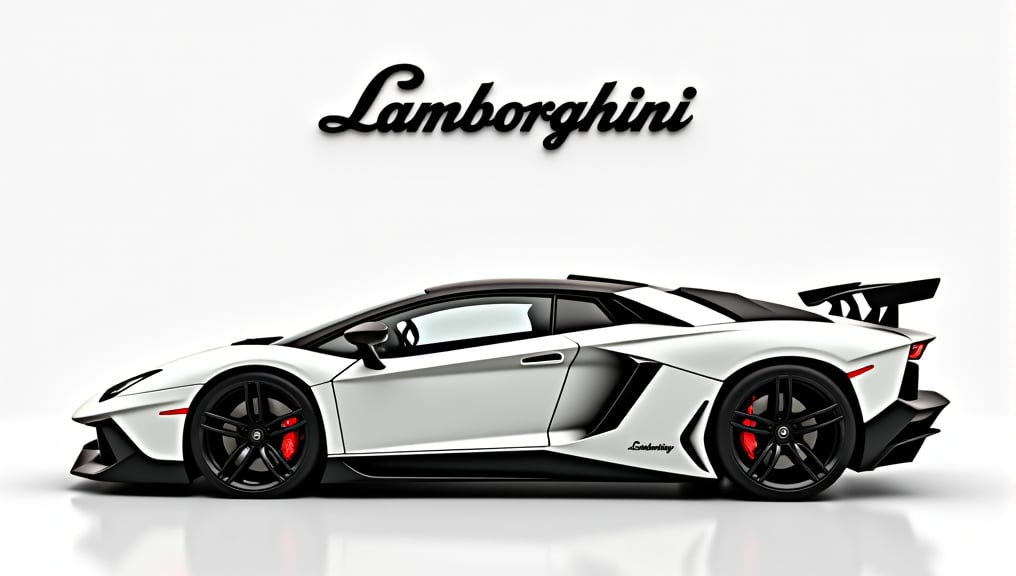 white Lamborghini Aventador SVJ, Text above the Lamborghini, Text says "Lamborghini"