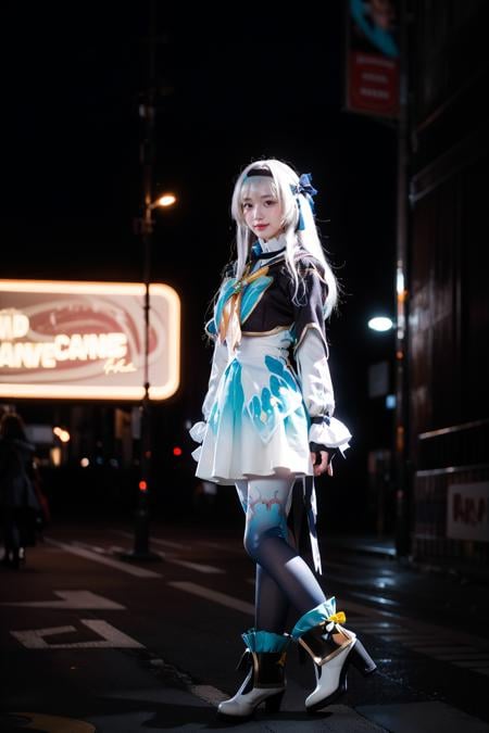 best quality,masterpiece,realistic,photorealistic,1girl,solo,smile,looking at viewer,standing,full body,arms at side,firefly cosplay costume,cosplay,long hair,white hair,dress,cropped jacket,capelet,shirt,skirt,long sleeves,frilled sleeves,bow,neckerchief,ribbon,fingerless gloves,hairband,hair bow,hair ornament,gradient legwear,gradient pantyhose,ankle boots,white boots,outdoors,night,neon lights,light,people,billboard,detail background,<lora:Honkai_StarRail_Firefly_costplay_costume_v1:0.7>,<lora:Background_Detail_v3:1>,<lora:background & distence control:-1>,