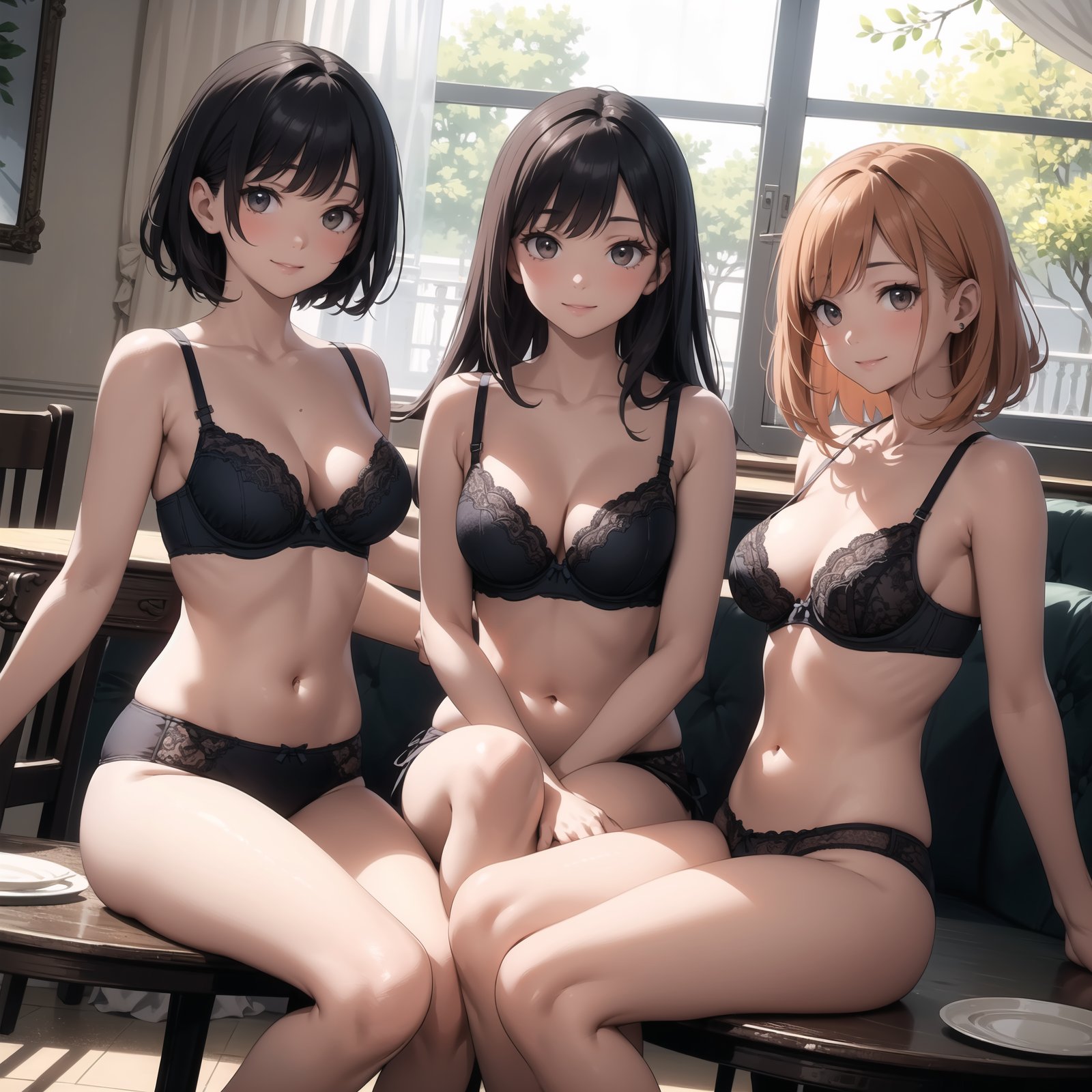 (masterpiece, best quality), female ageless, hazel eyes, protruding ears, deviated septum nose,round cheeks,auburn side-swept bangs hair, smile wearing triangle bra, plunge bra,sitting pose with legs spread, sitting with legs slightly spread, showcasing confidence and allure, silhouettes, characters outlined against a bright background, evoking intimacy without explicit details, sisters gathering, with a beautifully set table and heartfelt conversations