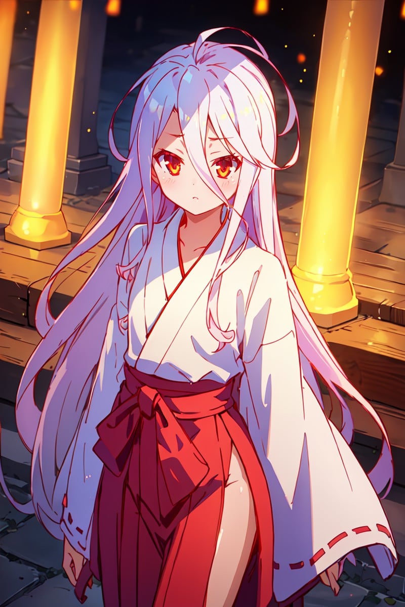 masterpiece, best quality, ultra-detailed, glistening shiny, glowing light, ray tracing, HDR, deph of field, (perfect face, detailed face), <lora:NgnlShiro:0.6>,  1girl, solo, ngnlshiro, very long hair, messy hair, flat chest, miko, long sleeves, hakama, cowboy shot, shrine