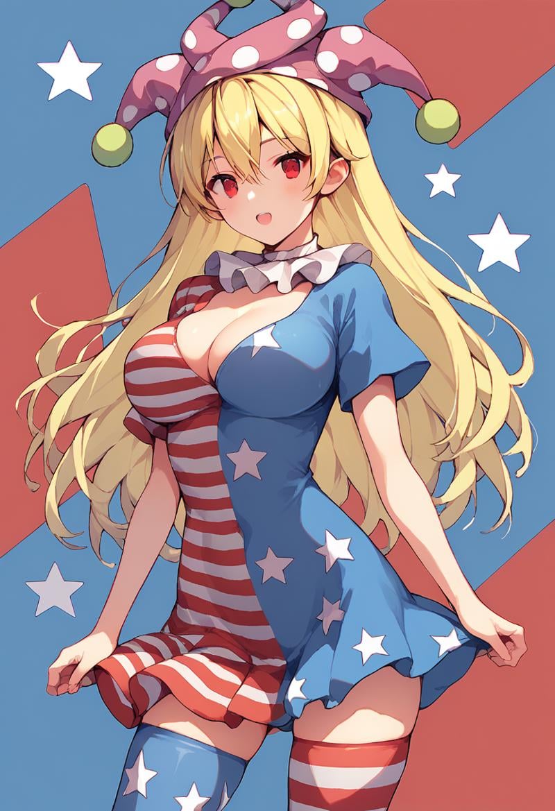 score_9, score_8_up, score_8, score_9, 1 girl,  source_anime, <lora:clownpiece_pony-10:1>, jester cap, neck ruff, blonde hair, american flag legwear, american flag dress, clownpiece, red eyes, long hair, detailed background, short sleeves,  <lora:chinesepixiv:0.8>, large breasts, cleavage