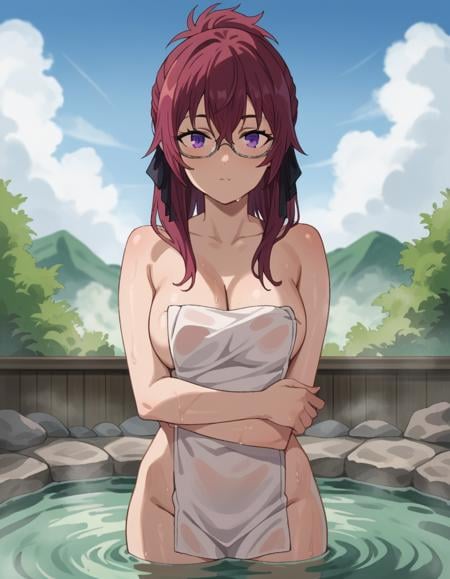 score_9, score_8_up, score_7_up, source_anime,lilyagreyrat, <lora:lilya-greyrat-s1-ponyxl-lora-nochekaiser:1>,lilya greyrat, purple eyes, red hair, glasses,nude, naked, outdoors, onsen, towel, naked towel, steam, bathing, nude cover, partially submerged, water, bath, steam censor, wet towel,looking at viewer, dutch angle, cowboy shot,