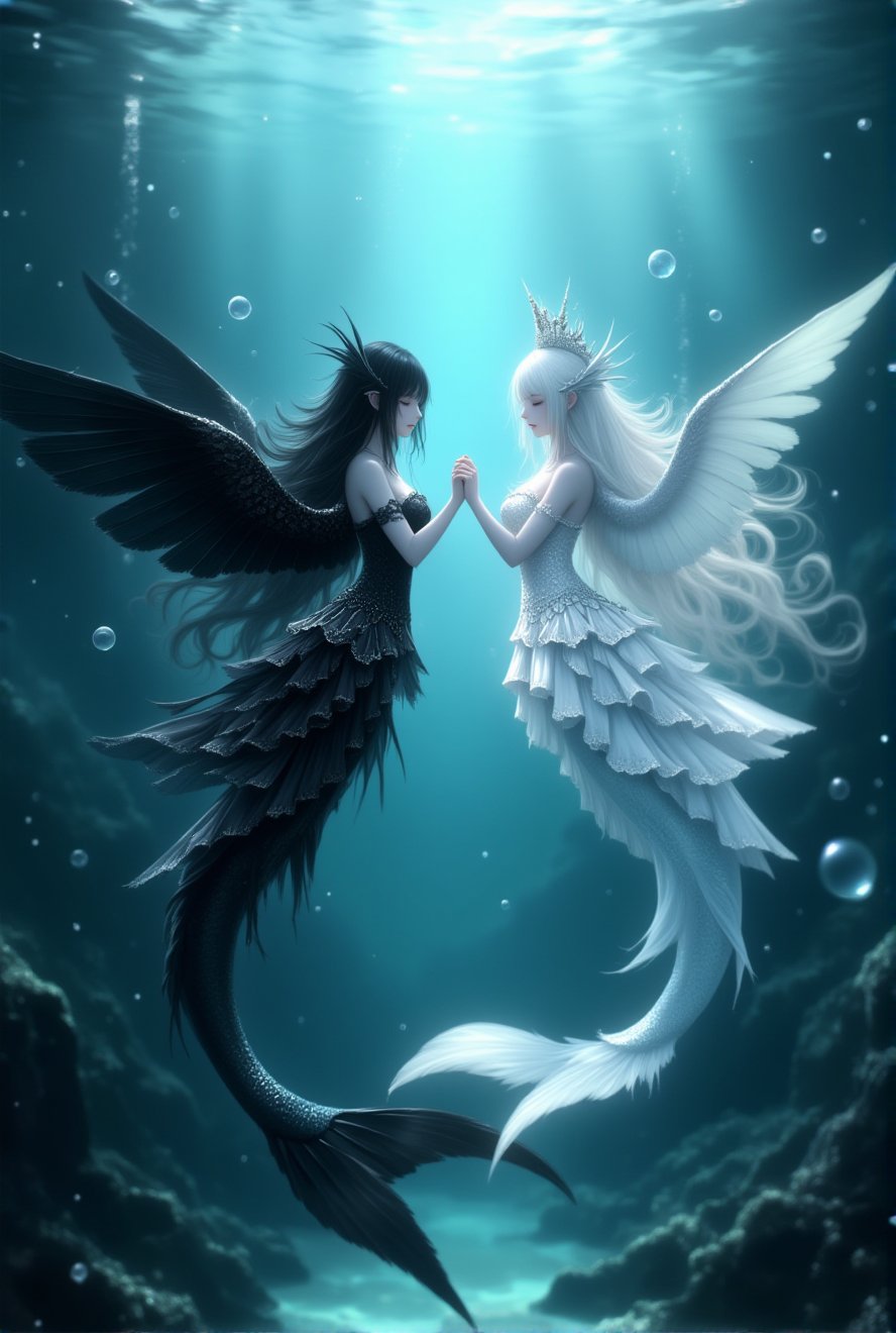 underwater, wings, 2girls, multiple girls, long hair, dress, black wings, black hair, holding hands, air bubble, monster girl, black dress, closed eyes, white hair, bubble, pointy ears, bare shoulders, tiara, white dress, mermaid, very long hair, fins, strapless dress, light rays, contrast, tail, interlocked fingers, strapless<lora:黑白天使:1>