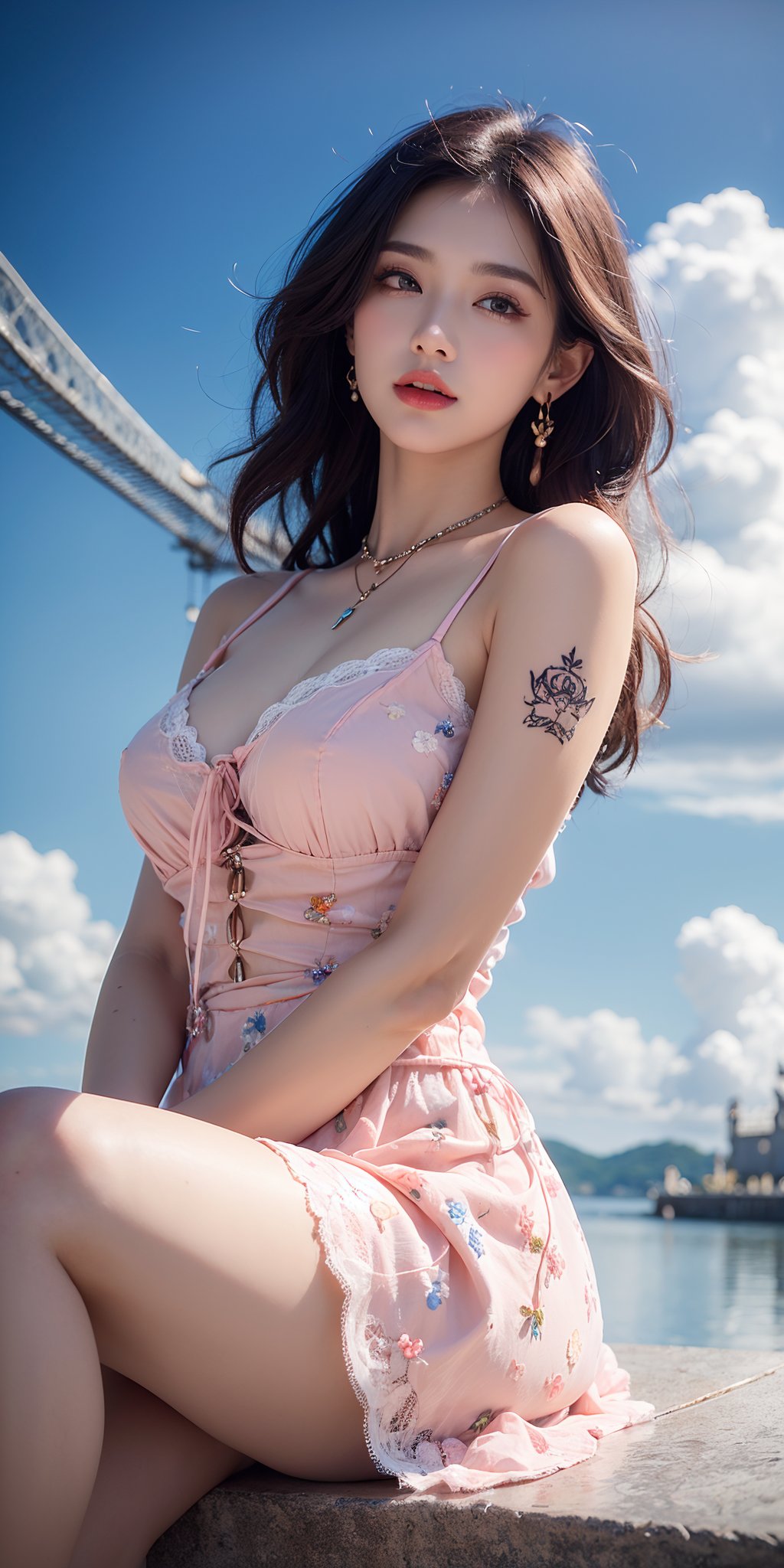 (Canon RF85mm f/1.2,best quality,HDR,Realisticity:1.4,Cinematic Lighting),(1 girl,korean mixed,kpop idol:1.2,beautiful long_Slender_legs),(long_brown_wavy_hair),(lipstick,pink lips,pink_shiny_lips,pink_eyeshadow,eyelashes,powder_blusher,make-up),(white_shiny_skin,black eyes,Pore,skin texture,shiny),(necklace,earrings,bracelet,floral_tattoo on arm),big breasts,smile,dynamic angle,Dynamic pose,((tonalism oil painting, Imposing and awe-inspiring, A legendary floating citadel, suspended in the clouds and accessible only by magical means, reflected light, sunny)),((Embellished boho sundress with a lace-up front)),