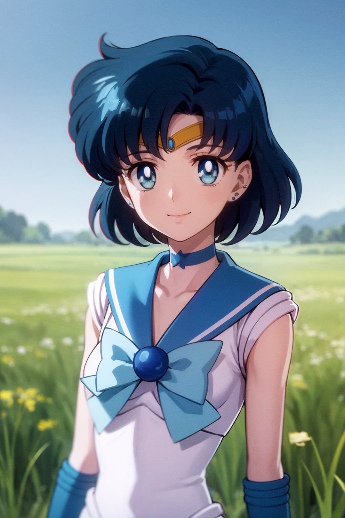 masterpiece, best quality,1girl, sailor mercury, blue hair, short hair, blue eyes, tiara, bow, choker, sailor collar, earrings, elbow gloves, sailor collar, sailor senshi uniform, smile, upper body, solo, looking at viewer, blue sky, grass, meadow background     <lora:SailorMercury:1>