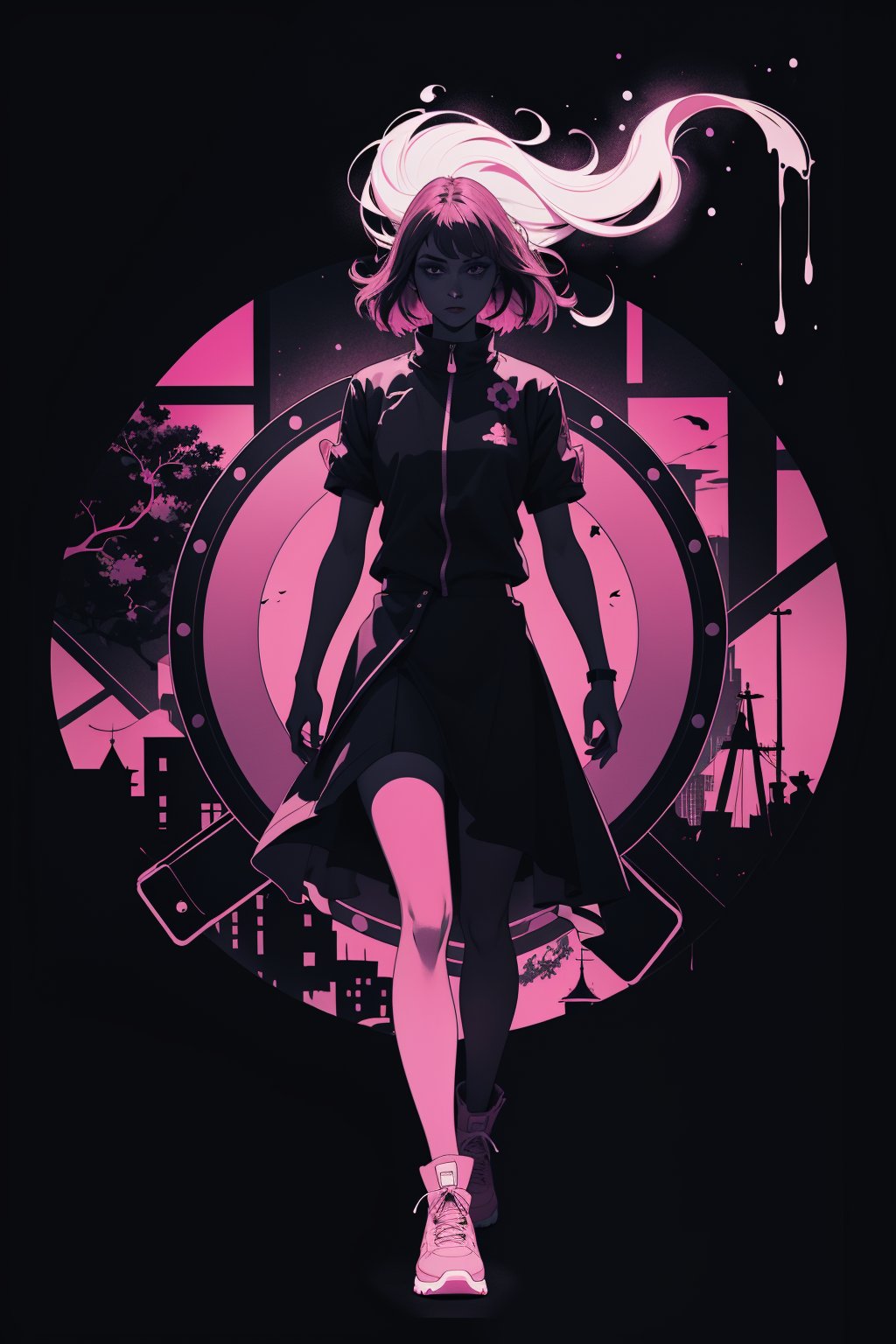 (silhouette:1.25),1girl,dark background,blacklight,mid shot,full body,somber expression,looking down,dark energy,vibrant magenta,portal to another world,flat color,flat shading,ultra realistic,highres,superb,8k wallpaper,extremely detailed,intricate,limited palette,pink,