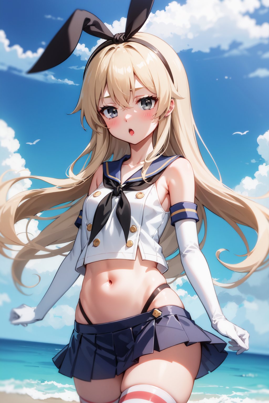 masterpiece, best quality, highres, skancolle, grey eyes, hairband, blonde hair, serafuku, neckerchief, crop top, gloves, elbow gloves, white gloves, navel, blue skirt, thighhighs, striped, striped thighhighs, ocean, clouds, :o, cowboy shot<lora:ShimakazeKancolle-08:0.9>