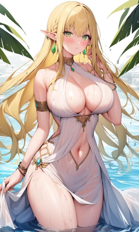 1girl, sensitive, solo, long hair, looking at viewer, breasts, blush, large breasts, blonde hair, navel, dress, cleavage, jewelry, bare shoulders, earrings, pointy ears, cowboy shot, parted lips, water, green eyes, wet, white dress, bracelet, elf, armlet, navel cutout