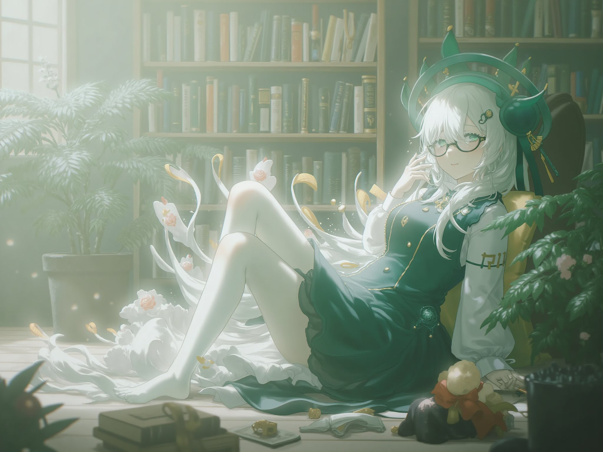 1girl,    black-framed eyewear, solo, shirt, very long hair, bookshelf, sitting, glasses, green vest, white thighhighs, parted bangs, long hair, cushion, black dress, seiza, green headwear, indoors, thighhighs, aqua eyes, frills, round eyewear, breasts, white hair, full body, scroll, frilled dress, potted plant, vest, book, white shirt, large breasts, dress, plant <lora:Yajiang-000109:1>