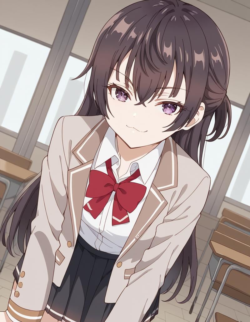 score_9, score_8_up, score_7_up, source_anime, <lora:yuki-suou-alpha-ponyxl-lora-nochekaiser:1>, yuki suou, long hair, bangs, brown hair, black hair, hair between eyes, purple eyes, half updo,, shirt, bow, school uniform, jacket, white shirt, collared shirt, bowtie, red bow, blazer, red bowtie, black skirt, pleated skirt,, indoors, bent over, smile, smug, looking at viewer, solo,, cowboy shot, dutch angle