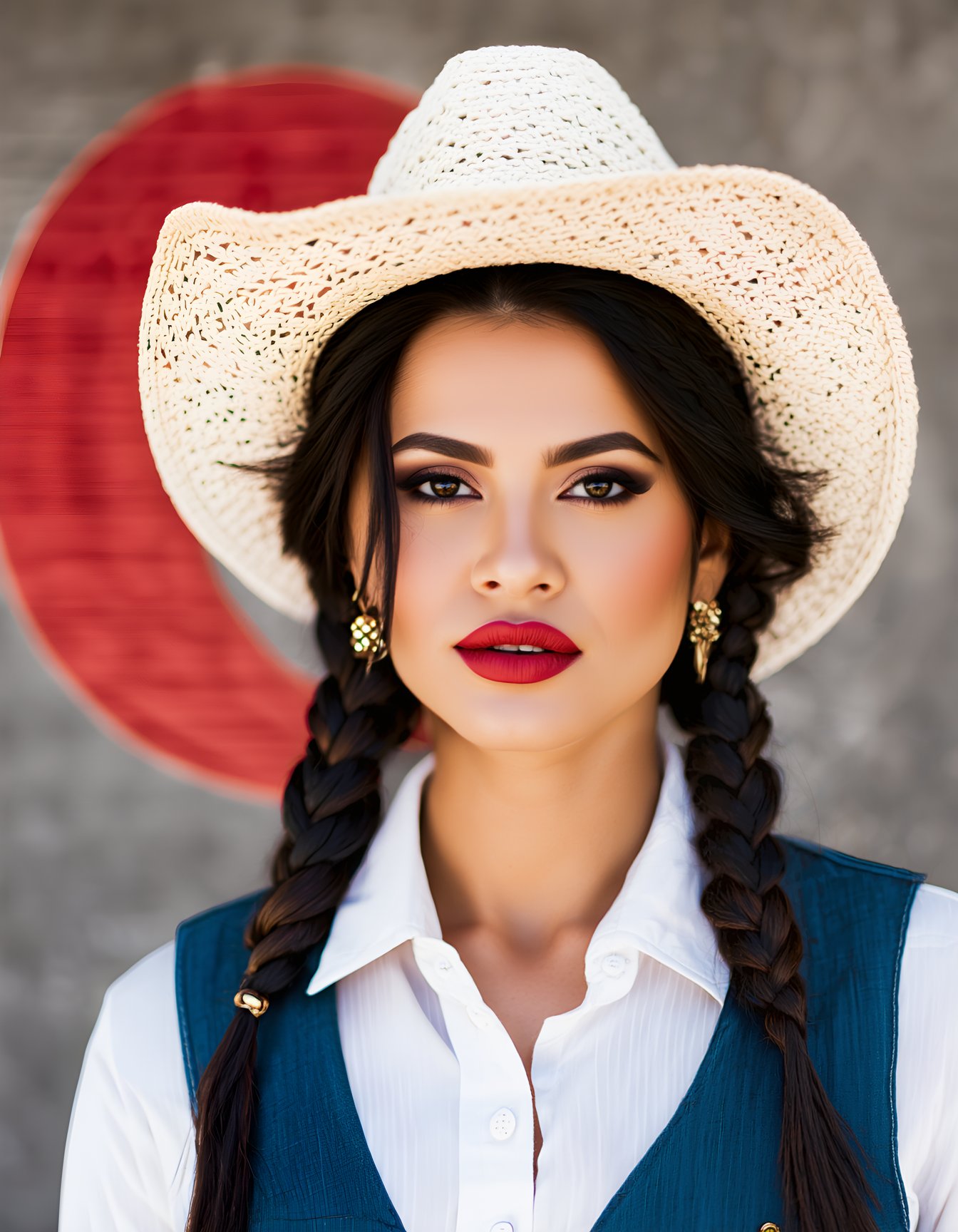 best quality, 4k, 8k, masterpiece, ultra-detailed, photorealistic, woman, long hair, looking at viewer, shirt, black hair, hat, jewelry, brown eyes, white shirt, braid, earrings, collared shirt, vest, twin braids, lips, makeup, portrait, realistic, red lips, blue vest, cowboy hat, red moon,