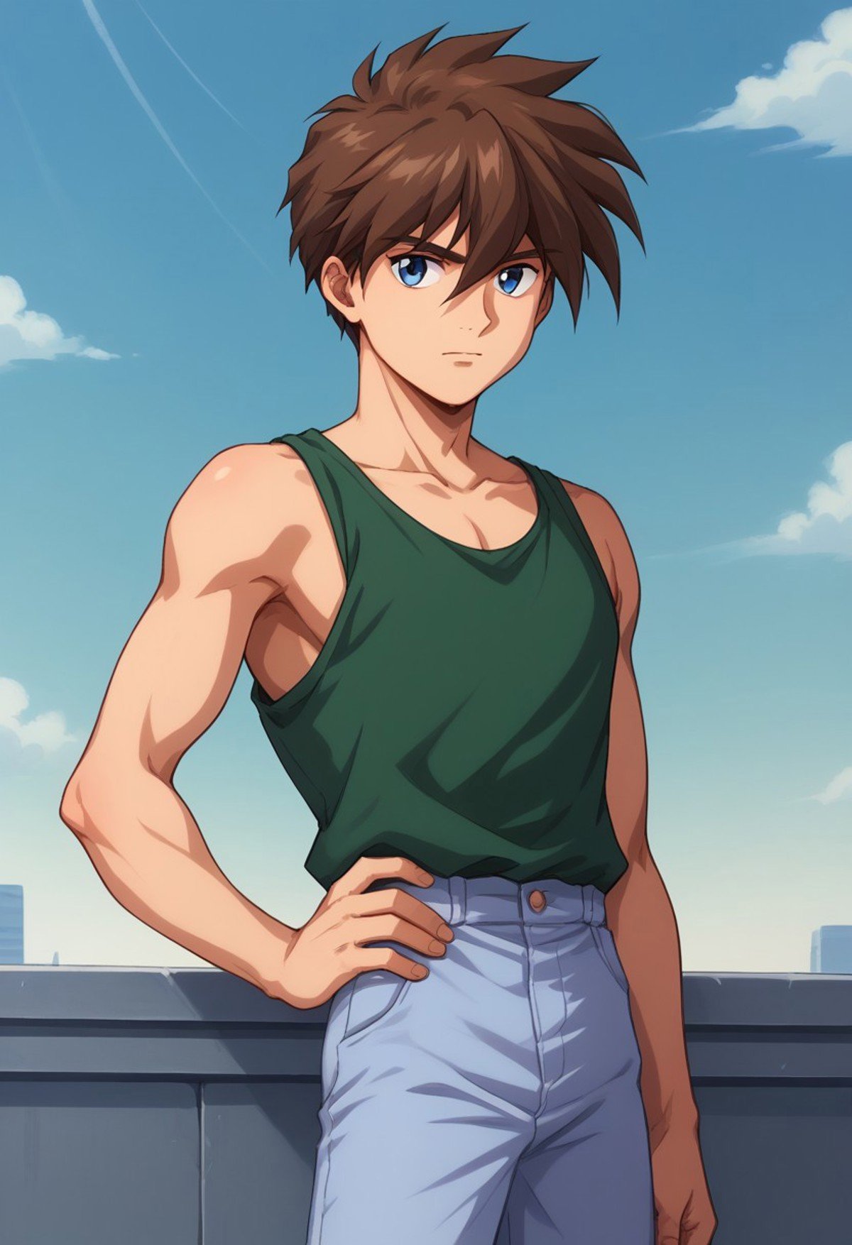 score_9, score_8_up, score_7_up, source_anime, highly detailed, heeroyui, 1boy, male focus, solo, brown hair, hand on hip, blue eyes, hair between eyes,pants, collarbone, green shirt, closed mouth, shirt, tank top, blue eyes,sleeveless, spiked hair, looking to the side, blue pants, sleeveless shirt,outdoor, sky, 