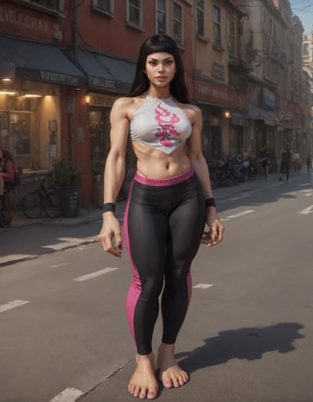 score_9, score_8_up, score_7_up,high res,full body,photo,realistic,highly detailed,jrh woman,1girl,front view,in street,sunny,volumetric lighting,standing,long hair,yoga pants,topwear