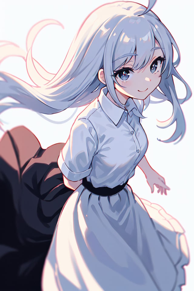 Original Characters, Best Shadows, Deep Depth Of Field, Sharp Focus, ((masterpiece, best quality)), (1girl), (solo), (female focus), ahoge, white hair, black eyes, happy smile, ((white shirt), (buttoned shirt)), ((black skirt), (long skirt)), standing, arms behind back, (medium breasts:1.1), grey background, from above, sidelighting, dynamic angle<lora:nijiStyle:0.4>