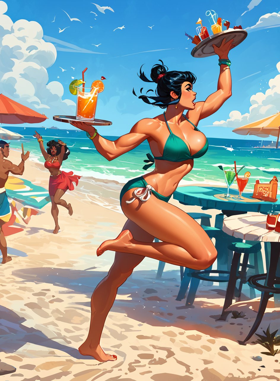 score_9, score_8_up, score_7_up, 1girl tripping, bikini, comic, barefoot, large breasts, bouncing breasts, updo, bun, <lora:classcompxl:1>, classcompxl, waitress, beach bar, holding serving tray, black hair, tiki bar. intricate, 