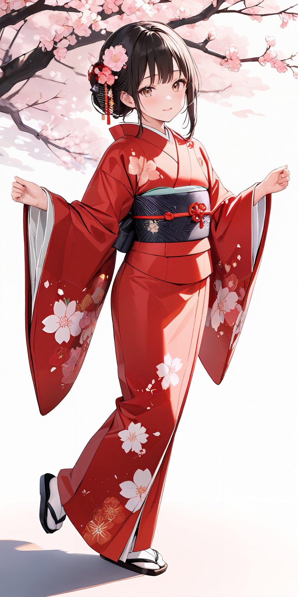 masterpiece,ultra-detailed,best quality,8K,illustration,cute face,clean skin ,shiny hair,girl,simple background, full body,<lora:add-detail-xl:1> <lora:furisode_XL_V1.0:0.5> jyojifuku, furisode, kimono, hair ornament, wide sleeves,cherry blossom,hands down