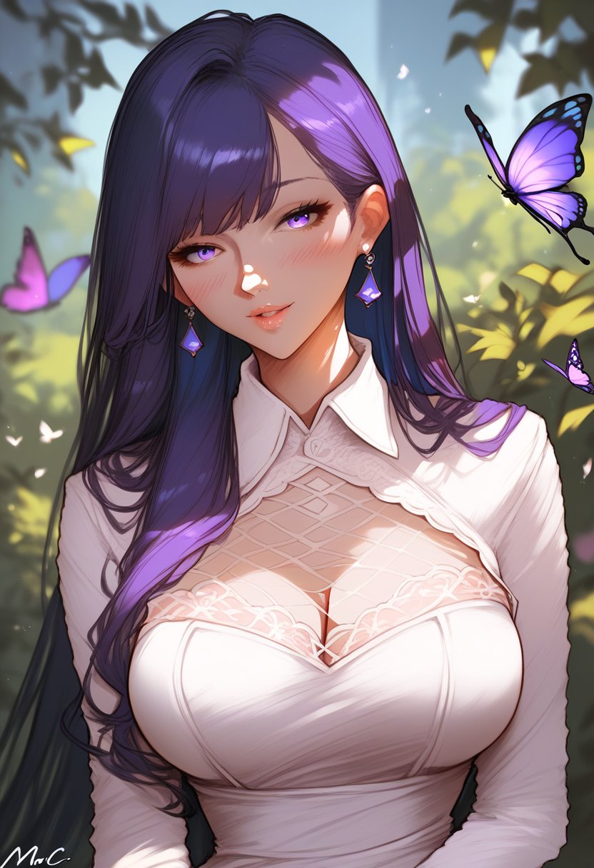 score_9, score_8_up, score_7_up, score_6_up, source_anime, <lora:MOC 0.1v:1>,1girl, solo, butterfly, purple hair, purple eyes, long hair, earrings, looking at viewer, blurry, smile, dress, upper body, bangs, parted lips, white dress, large breasts, blush, depth of field, long sleeves, collared dress, eyelashes