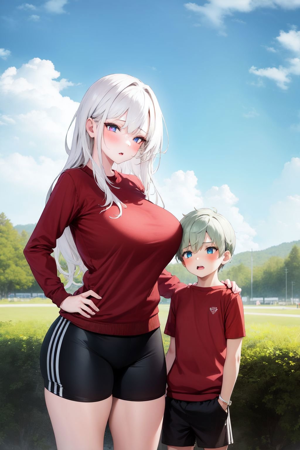 <lora:bigsislitbro_cpt_v01.10.10.02:1>, bigsislitbro, girl and boy, 1girl, long hair, white hair, breasts, sweater, 1boy, shot hair, gym shorts, colored tips, size difference, outdoors