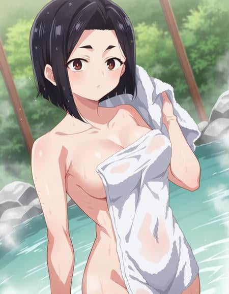 score_9, score_8_up, score_7_up, source_anime,sanaeyamada, <lora:sanae-yamada-s2-ponyxl-lora-nochekaiser:1>,sanae yamada, short hair, black hair, brown eyes,nude, naked, outdoors, onsen, towel, naked towel, steam, bathing, nude cover, partially submerged, water, bath, steam censor, wet towel,looking at viewer, cowboy shot, dutch angle, solo,