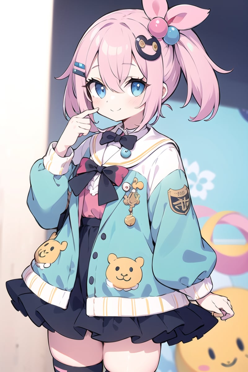 insanely detailed, absurdres, ultra-highres, ultra-detailed, best quality,1girl, solo, nice hands, perfect handsBREAK(Harajuku-style Decora pank fashion:1.5), (girl with layered colorful clothing:1.3), (multiple hair clips),knee-high socks with different patterns, carrying a plushie, standing in front of a graffiti wallBREAK(nsfw:-1.5)BREAKhappy smile, laugh, closed mouthBREAK,standing, cowboy shot, looking at viewerBREAKslender, kawaii, perfect symmetrical face, ultra cute girl, ultra cute face, ultra detailed eyes, ultra detailed hair, ultra cute, ultra beautifulBREAKin school ground, depth of field, ultra detailed backgroundBREAKmedium large breastsBREAK(random color hair, multicolored hair:1.2), rainbow color eyes, bob with bangs, hair between eyes