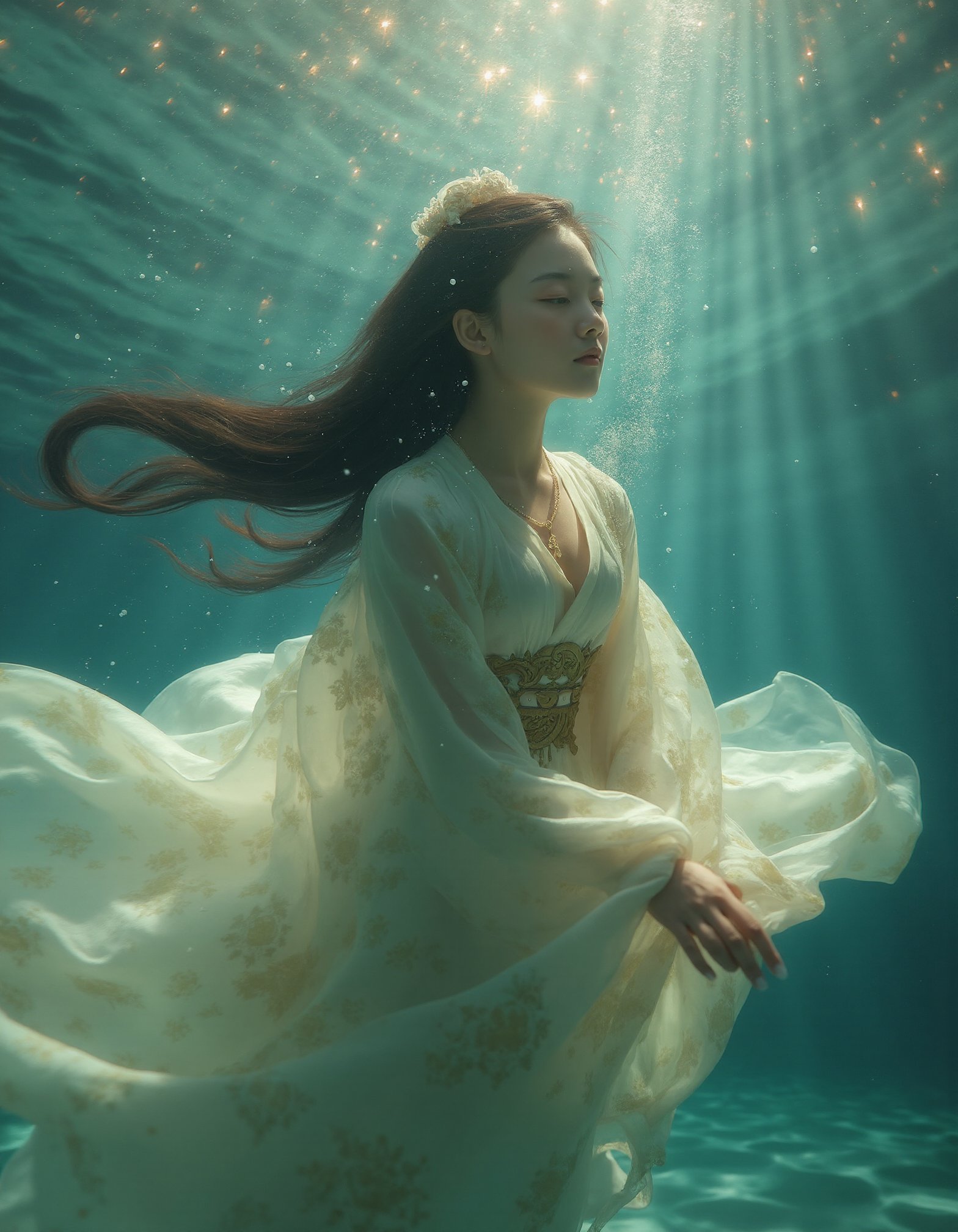 A hyper-realistic image of a beautiful young Chinese girl,dressed in an exquisitely detailed Hanfu,gracefully drifting underwater in a tranquil ocean. Her flowing silk robes,adorned with intricate patterns,cascade and swirl around her in the gentle currents,creating a mesmerizing,ethereal effect as if she is floating in a dream. The fabric of her Hanfu moves with a life of its own,billowing and undulating in the water,giving her an otherworldly,almost weightless appearance. Her long,dark hair spreads out like a halo,intertwining with the delicate silk,adding to the sense of fluidity and motion. Sunlight streams down from the surface,penetrating the clear water and casting shimmering beams of light that dance across her serene face and the floating folds of her Hanfu. These rays of light create a stunning interplay of shadow and brilliance,illuminating the water around her with a soft,golden glow. Her eyes are gently closed,and her expression is one of peaceful surrender,as if she is embracing the underwater world with grace and tranquility. The scene captures the exquisite details of her Hanfu,the texture of the water,and the dynamic movement of the fabric,all enhanced by the sunlight filtering through the water,creating a lifelike,almost indistinguishable-from-reality effect. The overall atmosphere is one of dreamlike serenity and elegance,with the underwater environment and the sunlight enhancing the sense of timeless beauty and ethereal grace.,colorful,sexy,swimming,cure beauty,super elegant,(Charming Face:1.4),dynamic_angle,