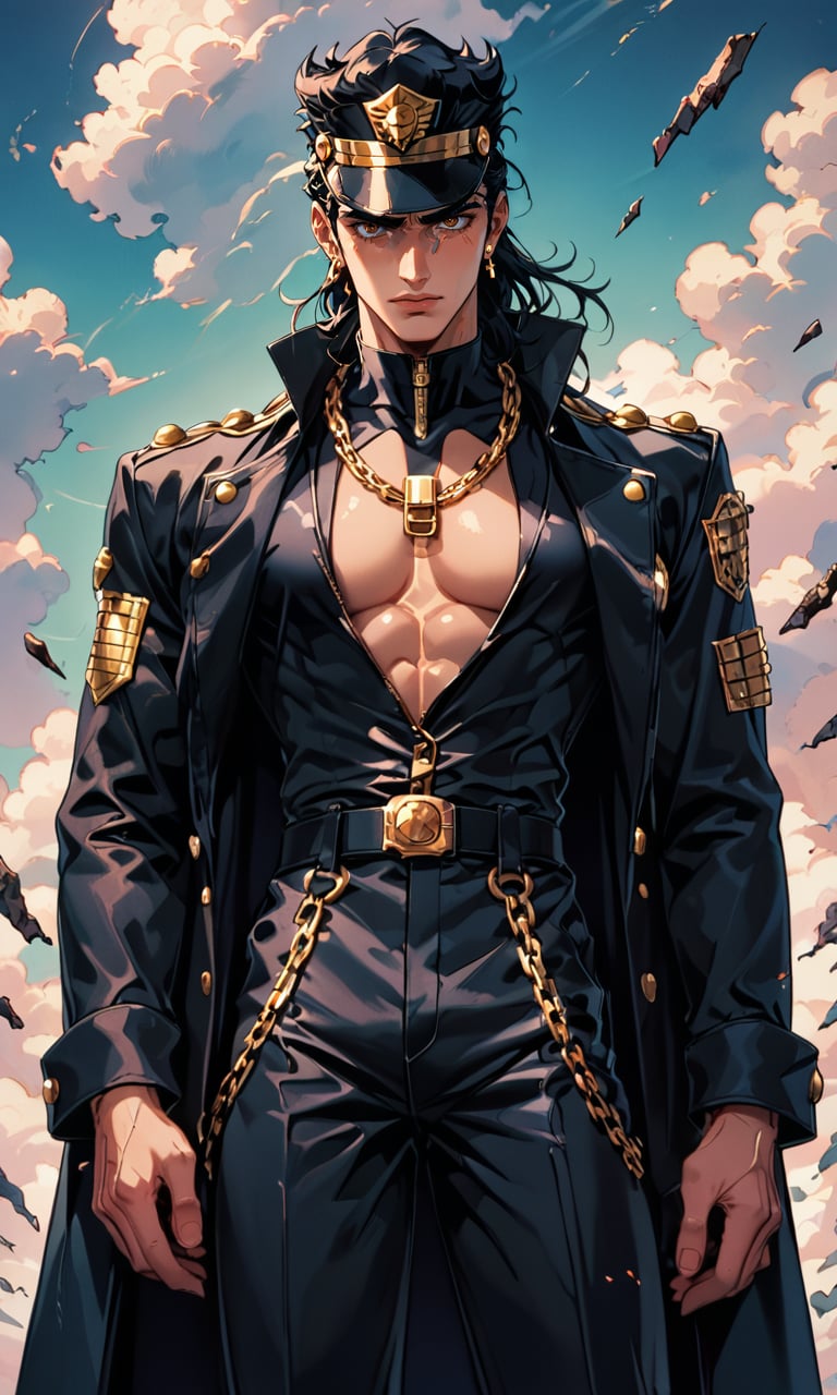 score_9, score_8_up, score_7_up, (Jotaro Kujo), JoJo, cracks his knuckles, head tilted, wears a modified (dark-black trench), coat-length gakuran/tsume-eri with a tall, stiff collar, pierced on the left with a golden chain. Underneath, he wears a fitted, sleeveless shirt and a pair of slim-fitting pants of very short, sharp flares held up by two thin belts, often differently colored, patterned in a row of alternately colored tessellated triangles