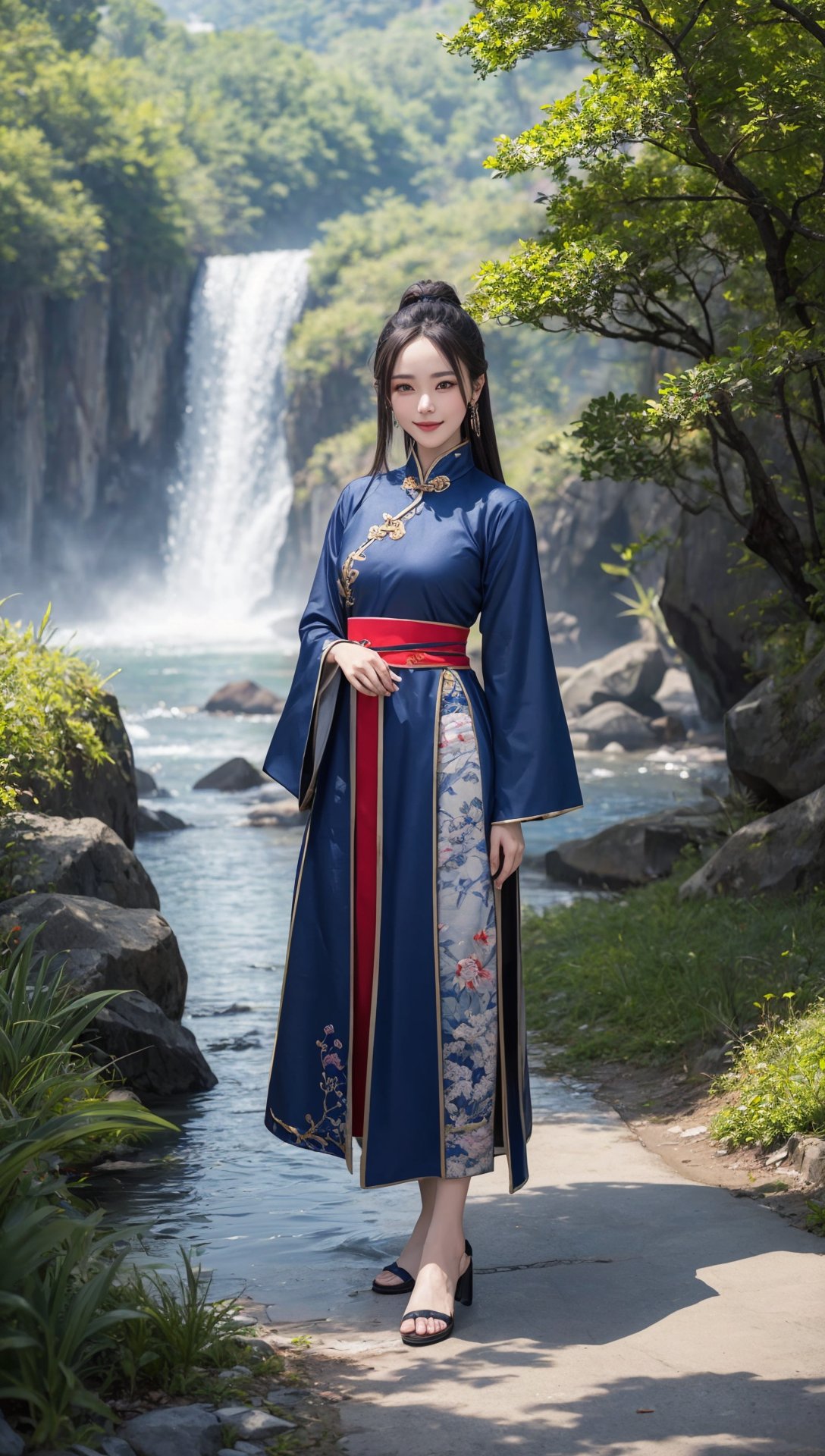 (best quality:1.4),(masterpiece:1.4),(8K:1.4),(extremely detailed:1.4),(Beautiful and detailed face:1.2),(full body:1.2),1girl,solo,looking at viewer,arms at sides,smile,(Extremely detailed chinese clothes:1.2),hanfu,architecture,east asian,riverside,forest,