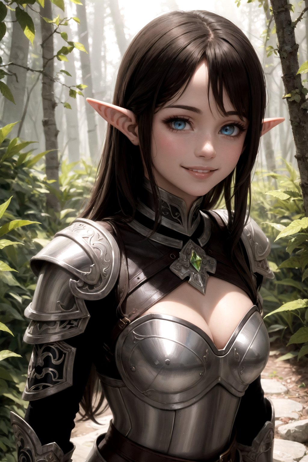 stealthy brunette elf, beautiful symmetrical eyes, flirtatious smile, leather armor realistic, ornate marble armor, cinematic lighting, forest of crystal trees, 